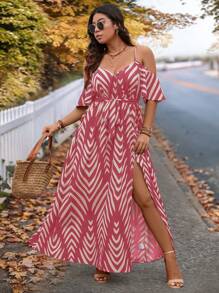 SHEIN VCAY Plus Size Dusty Pink Maxi Dress: Casual Chevron Print Woven Wrap Dress With Spaghetti Straps And Short Sleeves - Dusty Pink - View 4