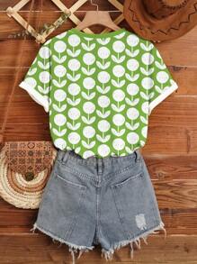 INAWLY Plus Size Women's Summer Floral Printed Round Neck Short Sleeve Casual T-Shirt Graphic Tees Women Tops - Green - View 2