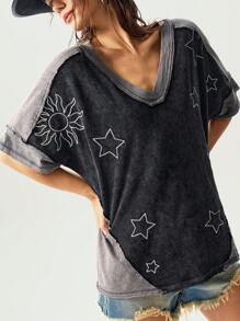 Bohemela 夏季休闲牛仔风格撞色V领短袖宽松水洗女式T恤 - 黑色 - 查看 4