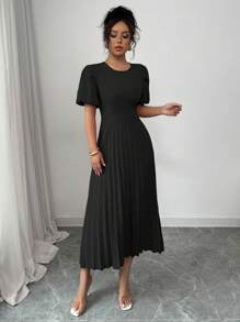 Rafferiza 法式优雅时尚日常百搭灯笼袖圆领收腰褶皱下摆长裙，无弹力，红色，女士春夏 - 黑色 - 查看 4