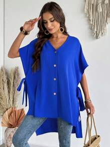 EMERY ROSE 女式休闲宽松纽扣装饰蝙蝠袖衬衫，夏季 - 寶藍色 - 查看 6