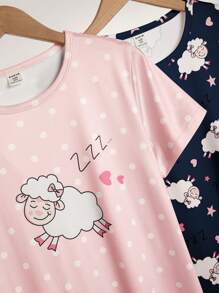 2pcs Girls Cute Sheep Print Comfy Round Neck Short Sleeve Long Nightgown Pajamas Set - Multicolor - View 3