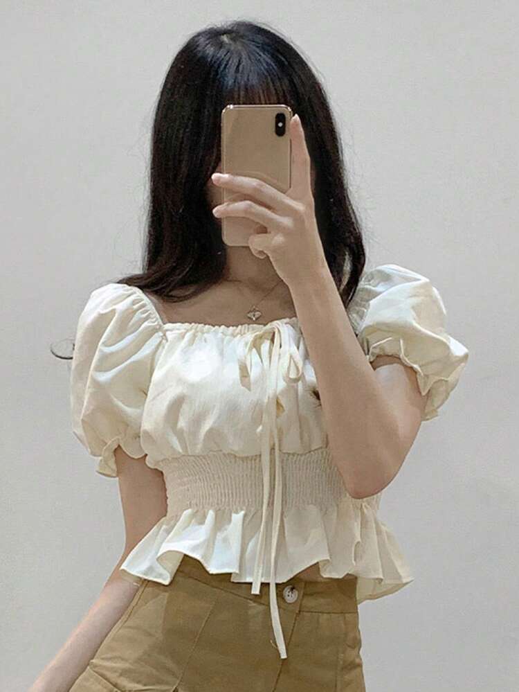 Short Tie-Waist Puff Sleeve Women's Blouse,Ruffle,Babydoll Top