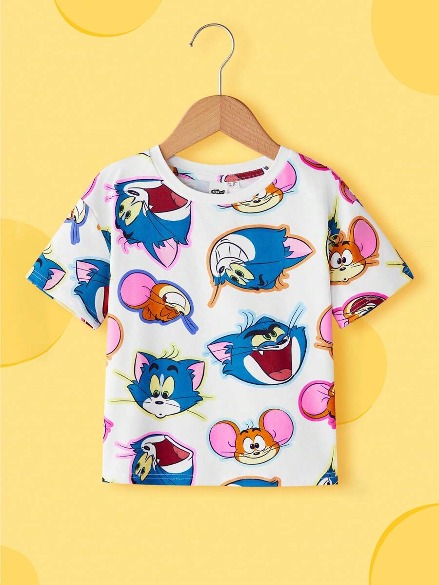 TOM & JERRY X SHEIN 年轻女孩卡通猫咪印花白色休闲可爱短袖 T 恤