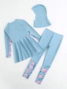 可爱少女椰子树印花分体泳衣套装