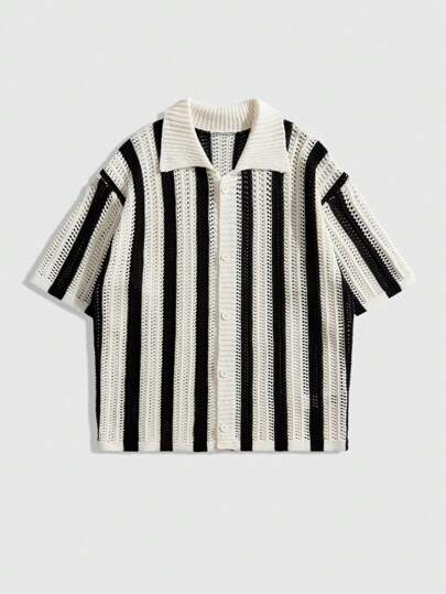 Street Life Men's Striped Short Sleeve Single-Breasted Casual Knit Top, Vacation