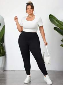 SHEIN CURVE+ 加大码女式基本款紧身裤，可调节松紧腰身，曲线加大，波西米亚度假风 - 黑色 - 查看 4