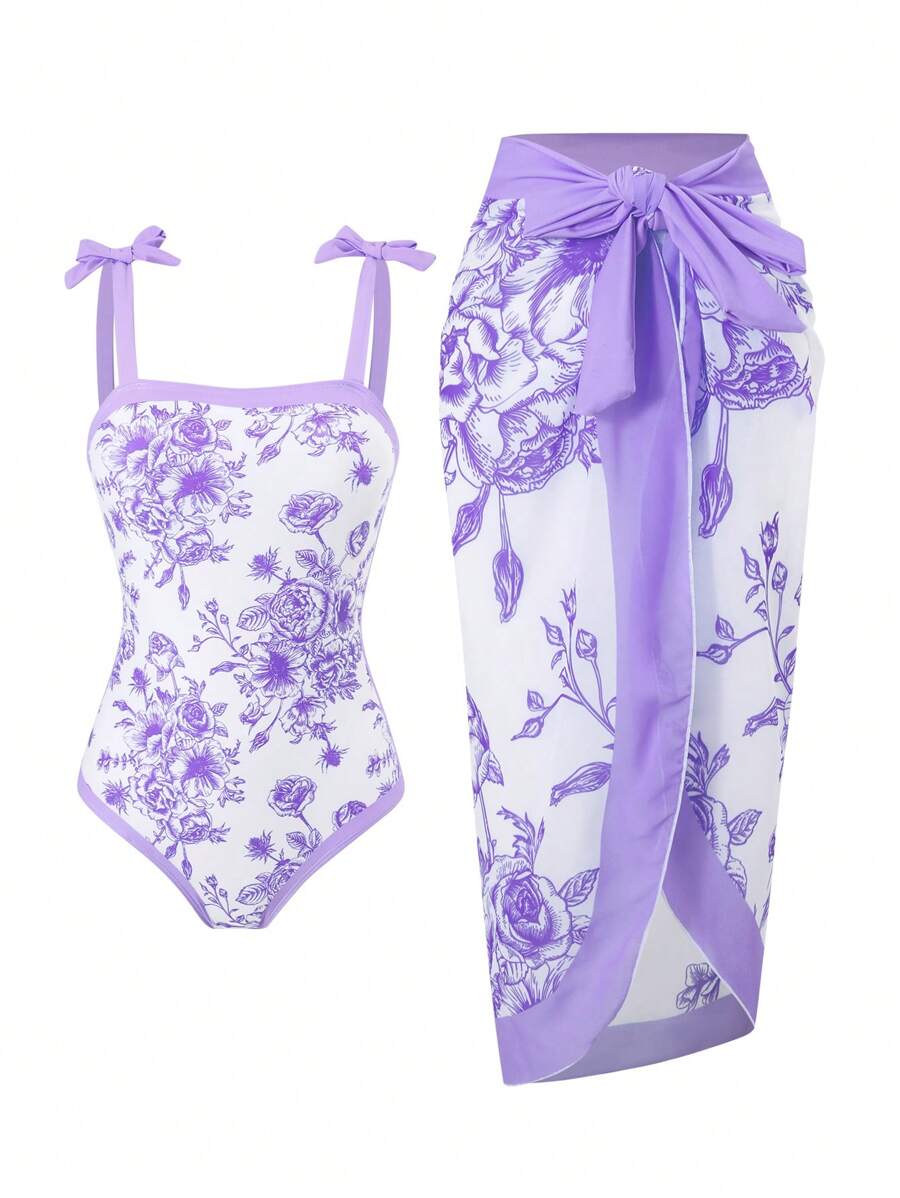 1 Pieza Traje de baño con estampado floral con cubrecostas y falda para adolescentes (Estampado floral aleatorio) - Multicolor - Ver 1