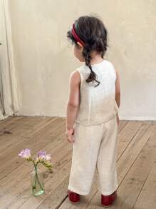 LMoss Kids LMoss 2pcs Baby Girl Set:Beige Summer Modest Cocktail Woven Solid Square Neck Top + Loose Casual Long Pants Sisters Cute Matching Outfit For Girls - White - View 2