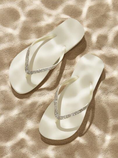 Fashion Light Brown Glitter Material Flat Comfortable High Elastic Flip-Flops, Suitable For Home, Beach, Vacation And Various Occasions, Women Shoes For Christmas