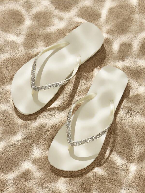 Fashion Light Brown Glitter Material Flat Comfortable High Elastic Flip-Flops, Suitable For Home, Beach, Vacation And Various Occasions, Women Shoes