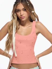 MISSGUIDED Crystal Embellished Ribbed Crop Tank Top Summer Cami Festival Concert Party Club Y2K Aesthetic Sleeveless Fitted Scoop Neck Vest - Pink - View 3