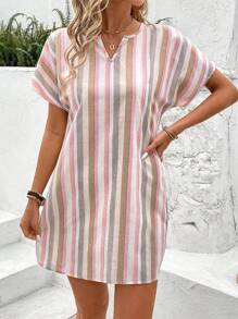 EMERY ROSE Casual Holiday Contrast Stripe Notch Neck Batwing Mini Dress - Multicolor - View 4