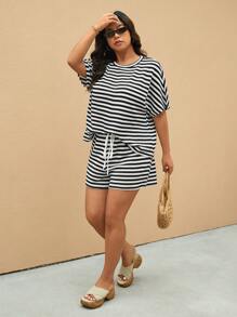 Elaquor Set da 2 pezzi composto da blusa a pipistrello a righe e pantaloncini, abbigliamento casual da resort, taglie forti