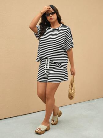 Elaquor Plus Size Striped Batwing Blouse And Shorts 2 Pieces Set, Casual Resort Wear