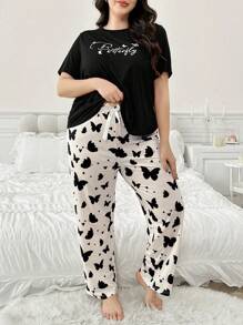 Plus Size Women's Letter & Butterfly Print Short Sleeve Pajama Set - Black - View 3