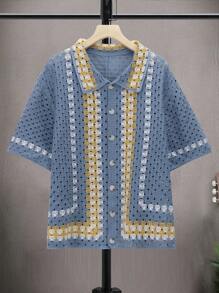 Manfinity RSRT Top casual en maille à manches courtes avec une couleur contrastée et une simple boutonnière pour homme - Bleu azur - Voir 5