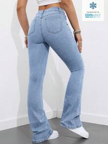 SHEIN ICON 女式喇叭裤，带口袋，休闲百搭 - 淺色水洗藍 - 查看 2