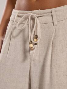 SHEIN BAE Pantalon ample à taille haute et jambe large en lin beige clair pour femme, couleur unie, décontracté, convient pour le port quotidien, les vacances, le bureau, le printemps et l'été