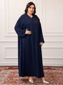 Al Najma 大码女式长袖连帽刺绣朴素长款阿拉伯风格连衣裙 - 藏蓝色 - 查看 5