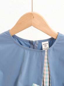 SHEIN Tween Girl Loose Casual Round Neck Puff Sleeve Color Block Bow Decor Dress - Dusty Blue - View 4