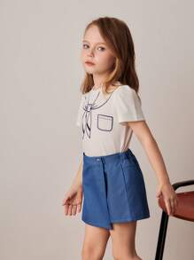 PrepCrw 年轻女孩学院风前后不对称牛仔效果短裤，春夏 - 藍色 - 查看 5