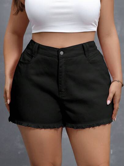 SHEIN Essnce Plus Size Summer Solid Color Frayed Hem Side Pocket Denim Shorts