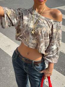 Muchica 1pc Women's All Over Print Asymmetrical Neckline Short Sleeve Pullover Top,Rave Top - Khaki - View 1