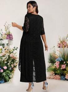 Cravure 大码女式两件套：蕾丝边前短后长中袖上衣和松紧腰紧身裤 - 黑色 - 查看 2