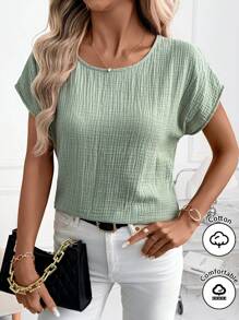 SHEIN Clasi 夏季优雅女士绿色纹理皱布露肩短袖透气衬衫，适合各种场合，日常通勤、居家等 - 綠色 - 查看 3
