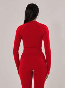 Musera Sport 缝线拉链细节短款长袖运动夹克上衣，适合板式网球、网球、匹克球、健身房、秋季瑜伽、普拉提、日常休闲等运动。 - 紅色 - 查看 4