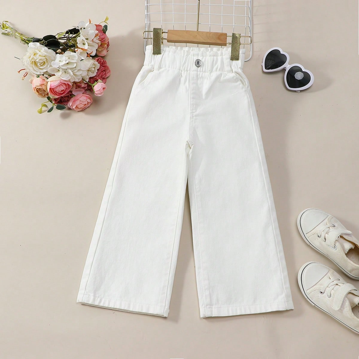 Vaqueros anchos con bolsillos planos y talle alto en estilo boho casual para niña, atuendo diario