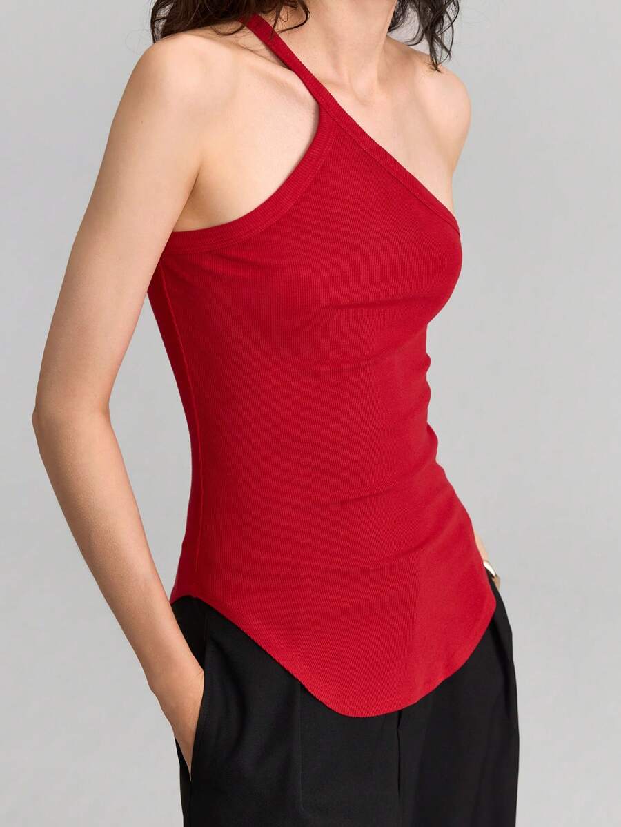 Ontre Women's Asymmetric Ribbed Elastic Camisole, Minimalistic And Fashionable, Suitable For Summer - Red - View 1