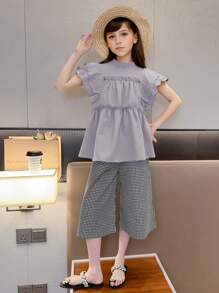 SHEIN 2 件套 Tween Girl 新款格子盖袖衬衫和裤子套装， - 灰色 - 查看 5