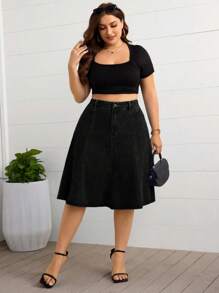 EMERY ROSE Plus Size High Waist Washed Denim Casual A-Line Skirt