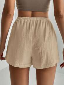 SHEIN Tall 素色斜口袋前打結佛羅里達短褲，高個女性適用 - 卡其色 - 查看 2