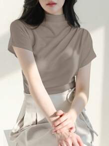 DAZY 1 Áo thun nữ tay ngắn cổ đứng xếp nếp màu trơn thanh lịch, mùa hè, trang phục công sở thường ngày cho nữ cổ lọ - Màu Khaki - Xem 3