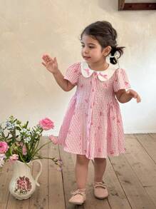 LMoss Kids LMoss  Baby Girl Woven Striped Bow Decor Casual Dress Sisters Outfit,Suitable For Spring And Summer Spring And Summer Spring Dresses For Girls Baby Spring Dress Baby Girl Cute Dress Toddler Spring Dresses  Suitable For Spring And Summer - Pink - View 6