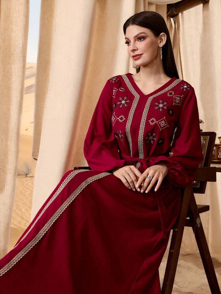 Al Najma Conservative Casual Ribbon Embroidered Arabian Dress, Women's Extra Long Dress,Modest - Red - View 1