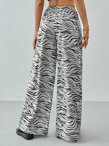 SHEIN Tall Women's Summer Casual Wide-Legged Pants With Zebra Print - Light Grey - View 2