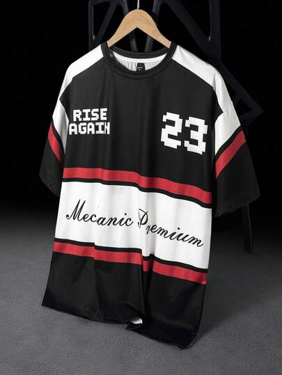 PAVTROS 男士街头高街黑白红拼接赛车篮球元素数码印花短袖T恤百搭适合送给朋友和男朋友的礼物。