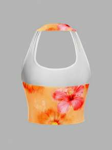 SHEIN Leap Crew Kỳ nghỉ biển cho bé gái tuổi teen, Đồ dùng cần thiết cho bãi biển, Họa tiết hoa nhiệt đới và cam ombre, Áo ba lỗ dây mảnh tối giản, Thích hợp cho kỳ nghỉ hè, Áo mùa hè dễ thương, Kỳ nghỉ - Nhiều màu - Xem 2