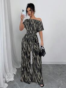 Elenzga 女士扎染印花不对称领口蝙蝠袖连体裤，时尚休闲，适合约会、工作、度假、假日、波西米亚风格、夏季