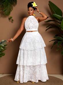 Maweii 大码女式面料剪裁上衣和多层荷叶边裙两件套，节日优雅 - 白色 - 查看 5