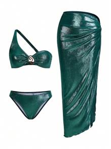 Swim Oasis 3pcs Elegant Green Shiny Material One-Shoulder Bikini Set For Summer Beach Vacation - Dark Green - View 9