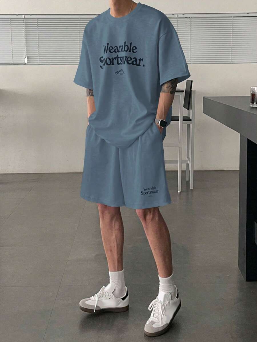 DAZY 2 件男士字母印花 T 恤和短裤套装 - 藍色 - 查看 1