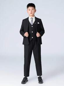 SHEIN Set de costume pentru băieți 4 bucăți: Blazer cu rever cu crestătură + vestă cu un singur piept + pantaloni asortați + cravată, potrivit pentru cină de aniversare, evenimente de petrecere, nuntă, invitat la nuntă, pageboy, băiat cu inel - Negru - Vizualizare 5