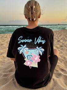 SHEIN Teen Girl Summer Vibes Palm Tree & Sunflower Print Round Neck Short Sleeve Vacation T-Shirt, Black - Black - View 6