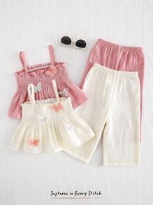 Cozy Pixies 4 件套女婴纯色蝴蝶结装饰吊带背心和松紧腰裤套装