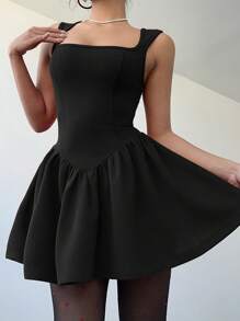 Aloruh 女士方领褶皱无袖迷你连衣裙，纯色时尚 - 黑色 - 查看 4